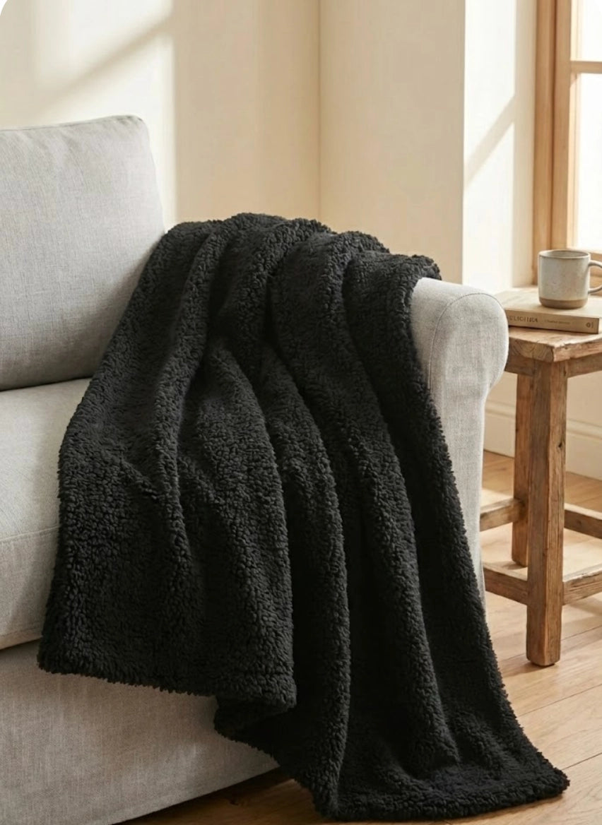 Black Furry Handwoven Merino Wool Blanket
