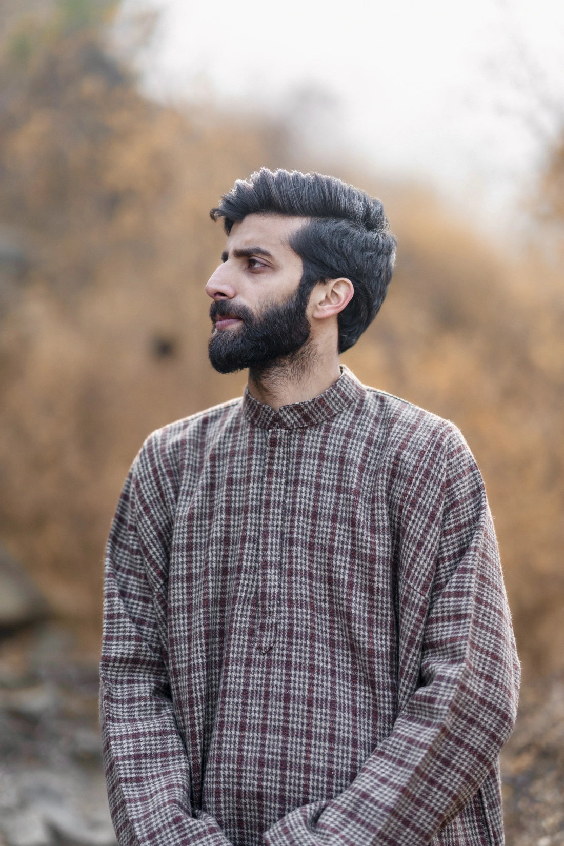 baraqah brown cream royal check winter pheran for men 