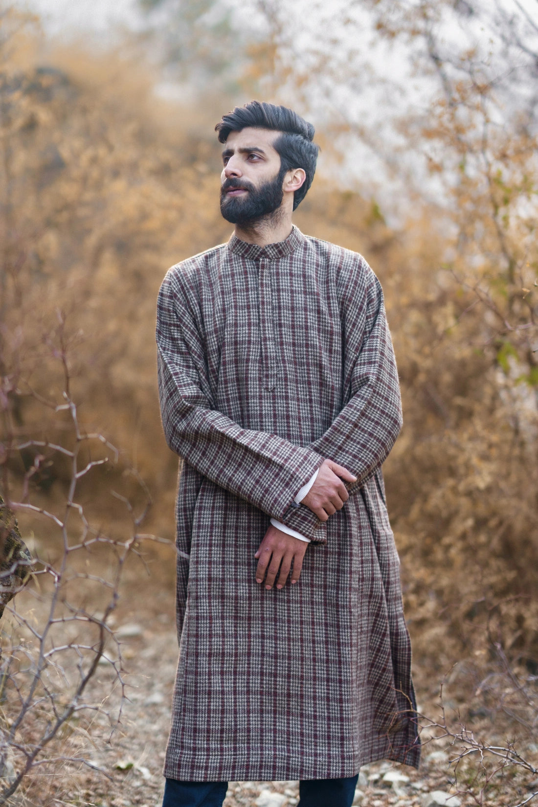 baraqah brown cream royal check winter pheran for men 