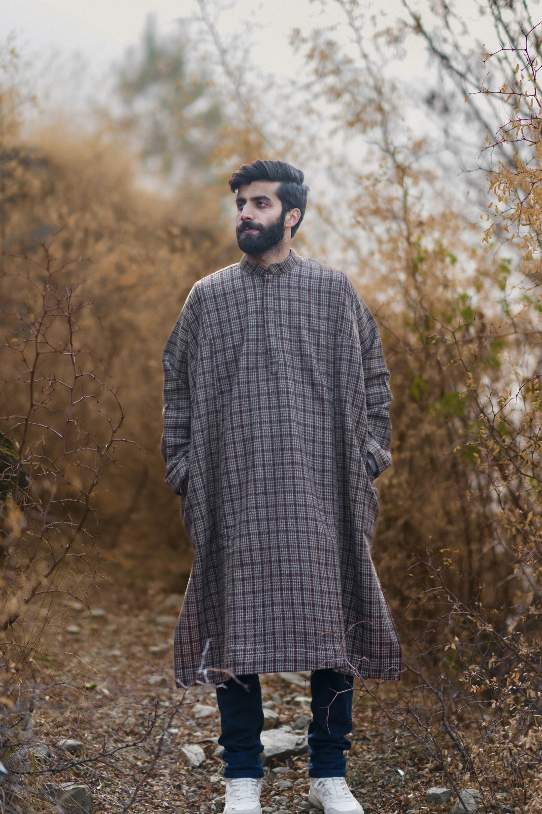 baraqah brown cream royal check winter pheran for men 