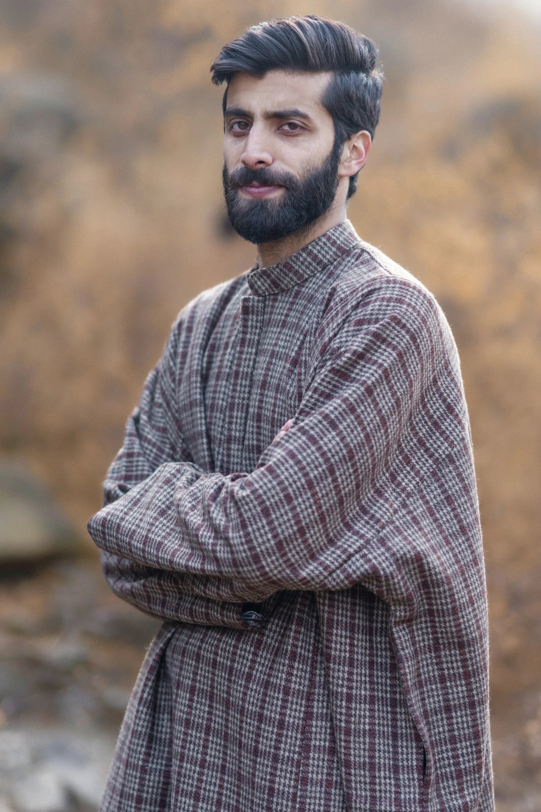 baraqah brown cream royal check winter pheran for men 