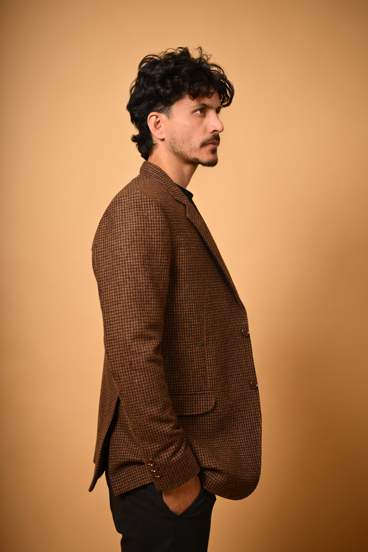 Coffee Brown Houndstooth Woollen  Blazer