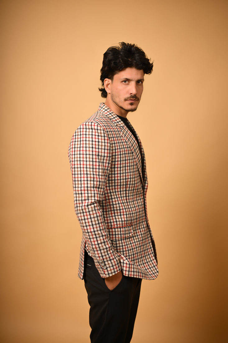 Cream Base with Red & Black Check Woollen Blazer
