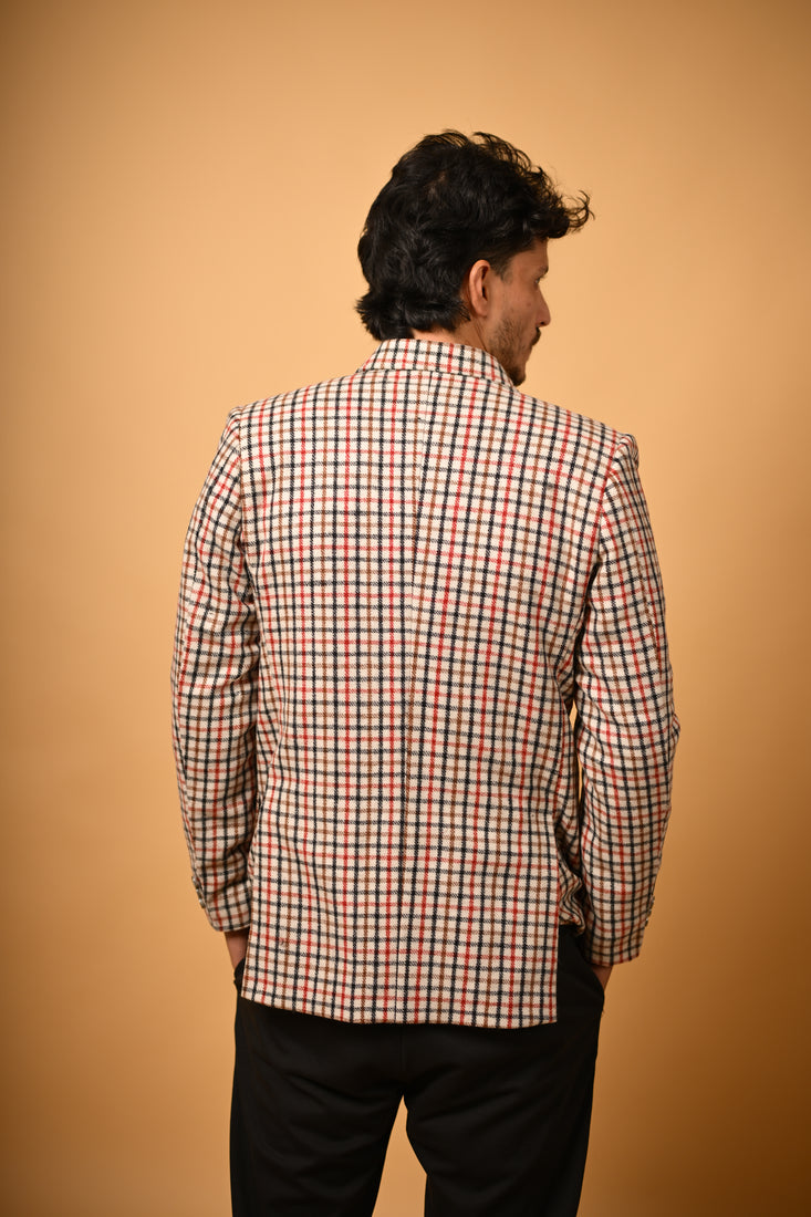 Cream Base with Red & Black Check Woollen Blazer