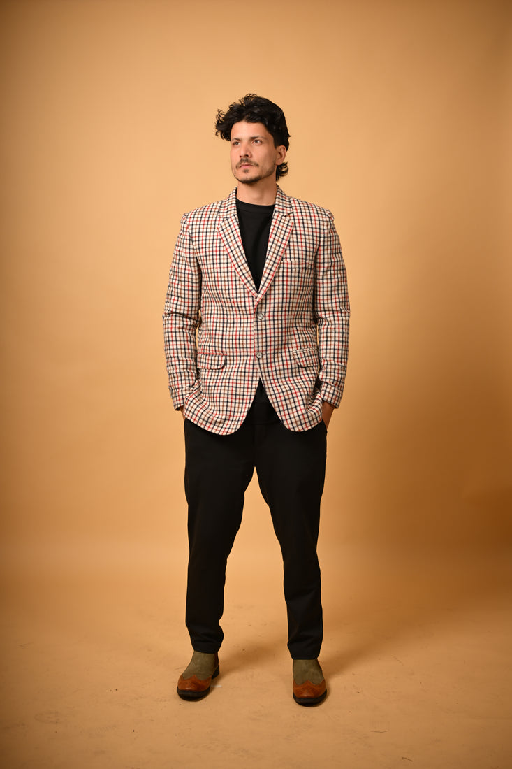Cream Base with Red & Black Check Woollen Blazer
