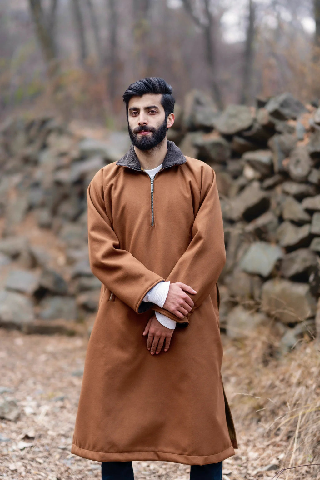Ochre Mustard Fleece Closed Overcoat | Not A Pheran