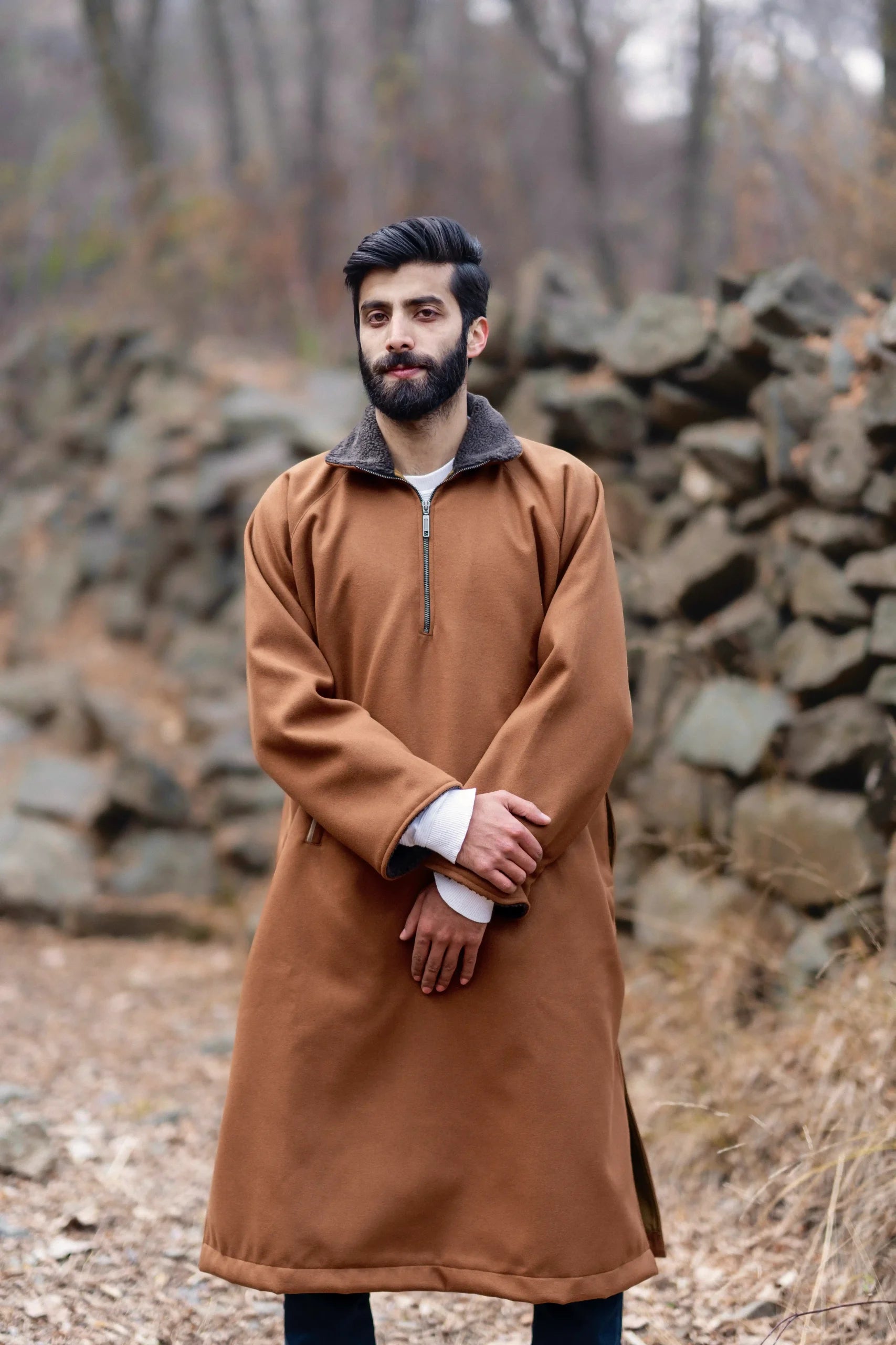 Ochre Mustard Fleece Closed Overcoat | Not A Pheran
