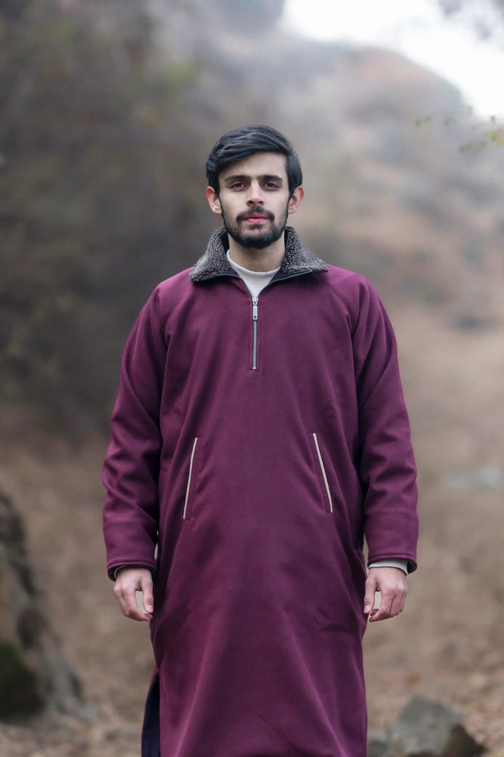 Carmine Maroon Fleece Closed Overcoat | Not A Pheran