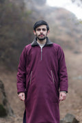 Carmine Maroon Fleece Closed Overcoat | Not A Pheran