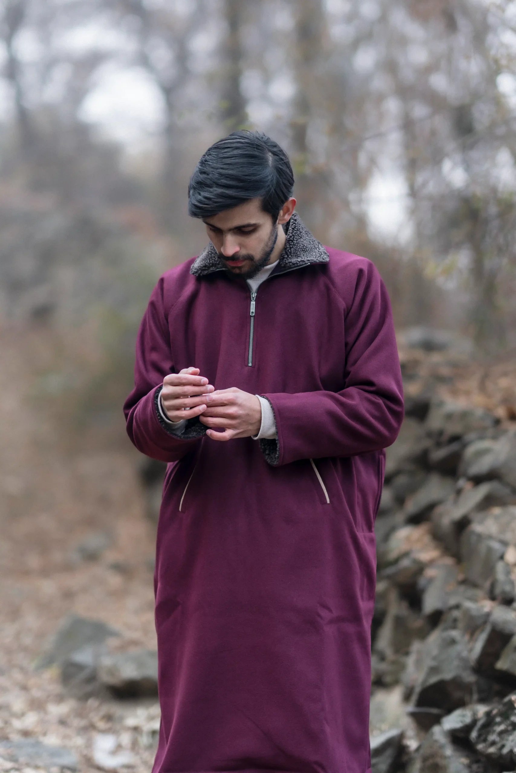 Carmine Maroon Fleece Closed Overcoat | Not A Pheran