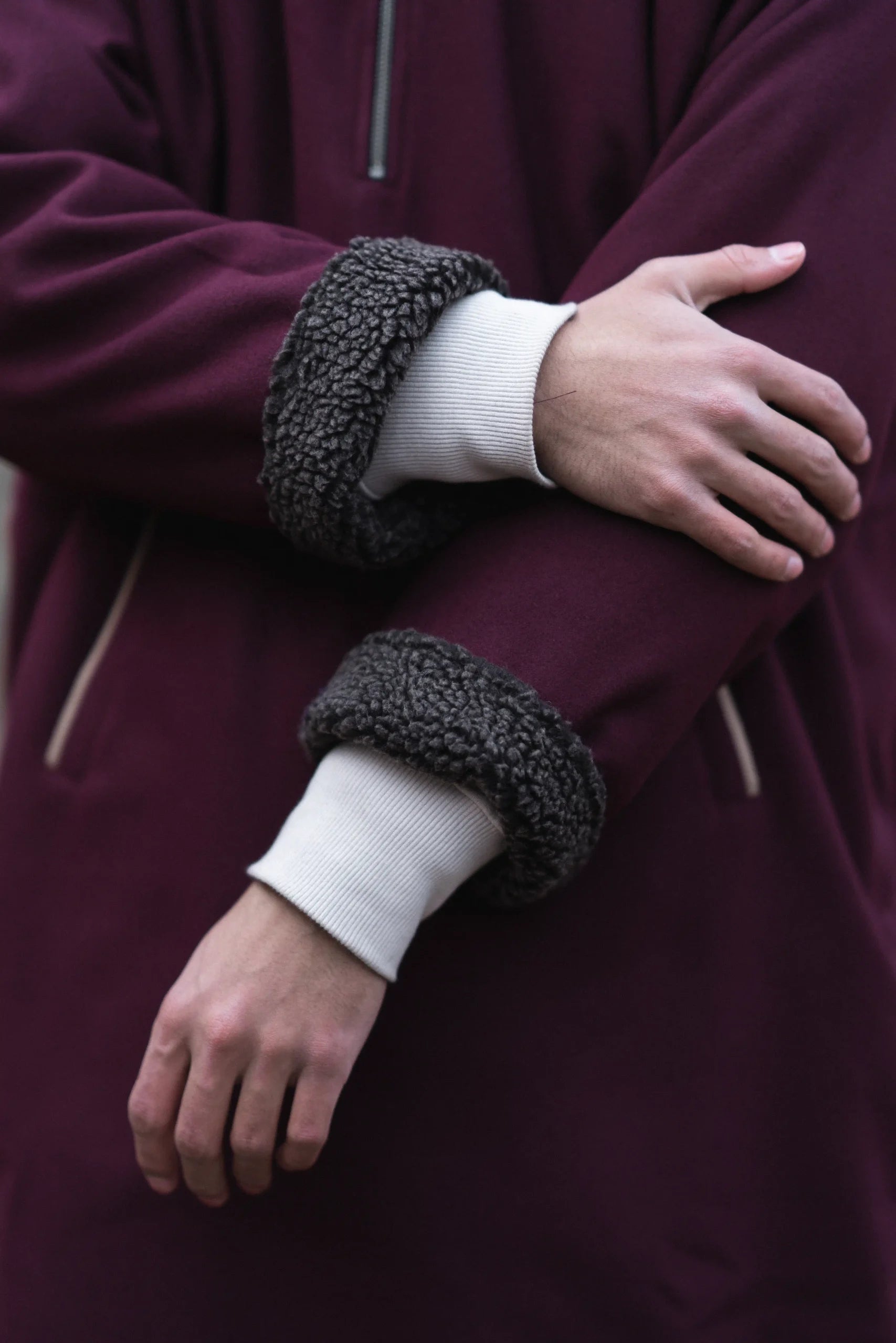 Carmine Maroon Fleece Closed Overcoat | Not A Pheran