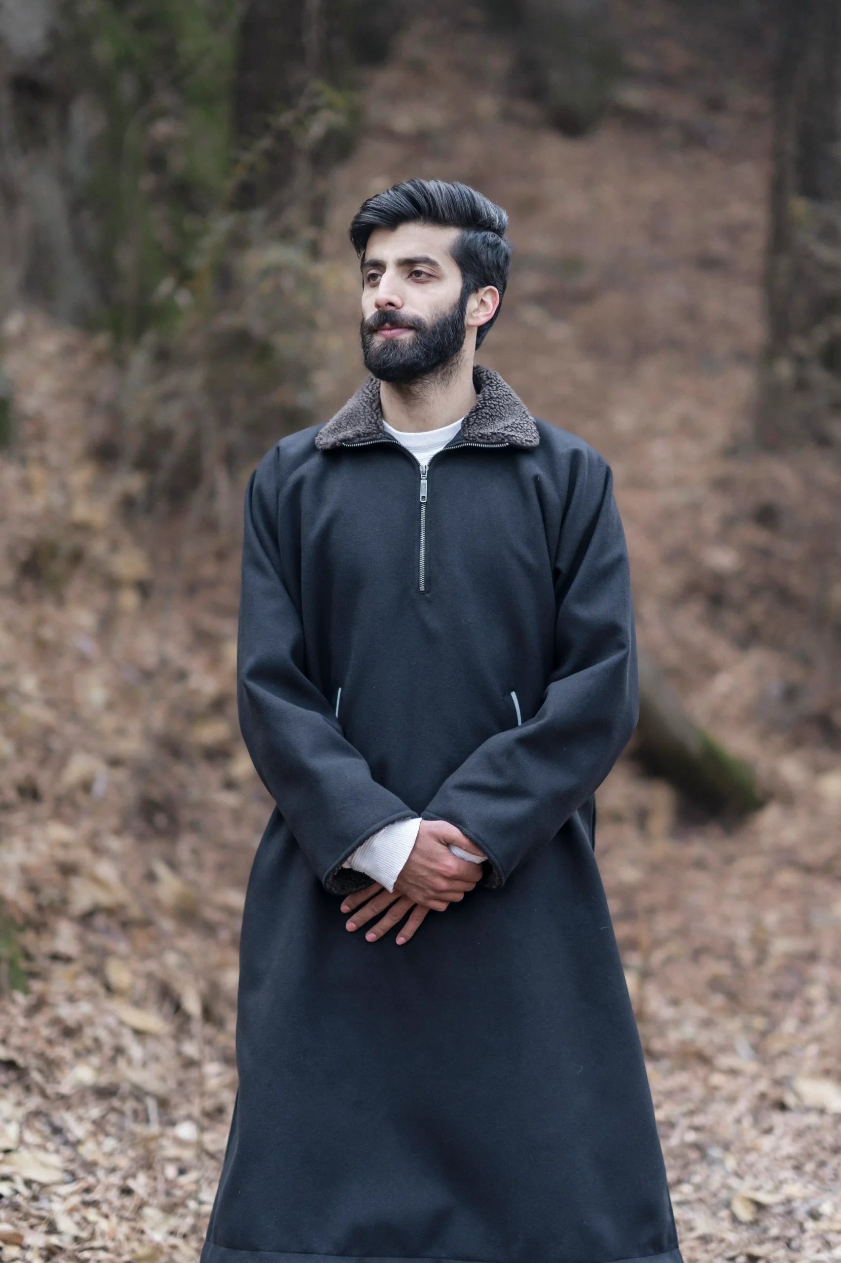 Onyx Black Fleece Closed Overcoat | Not A Pheran