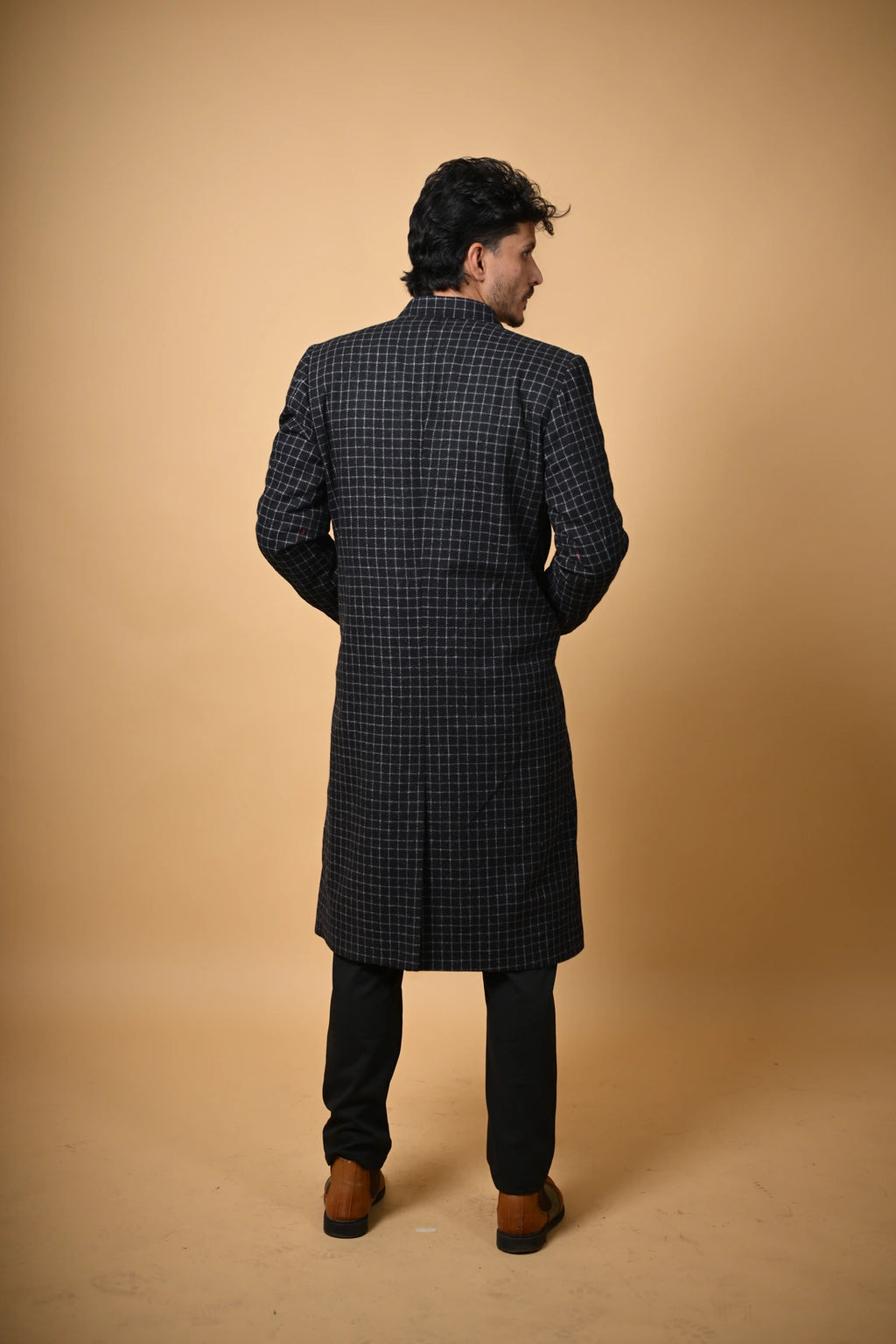 Black With Micro Check  Woollen Overcoat