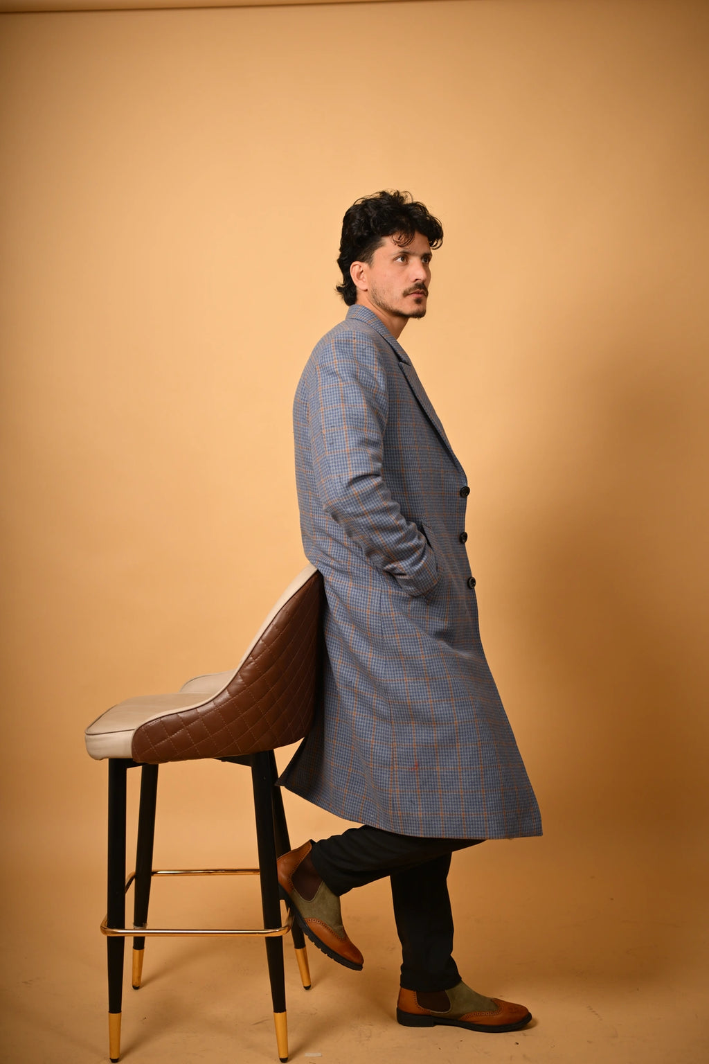 baraqah blue check winter overcoat for men