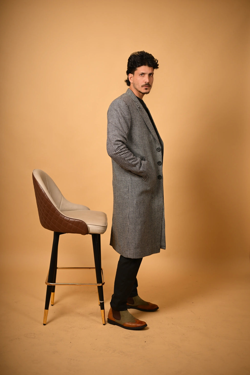 Grey With Black Mini Houndstooth Woollen Overcoat