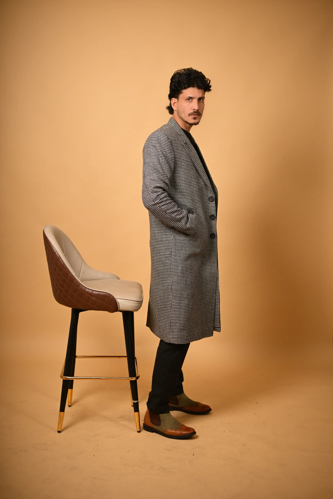 Grey With Black Mini Houndstooth Woollen Overcoat