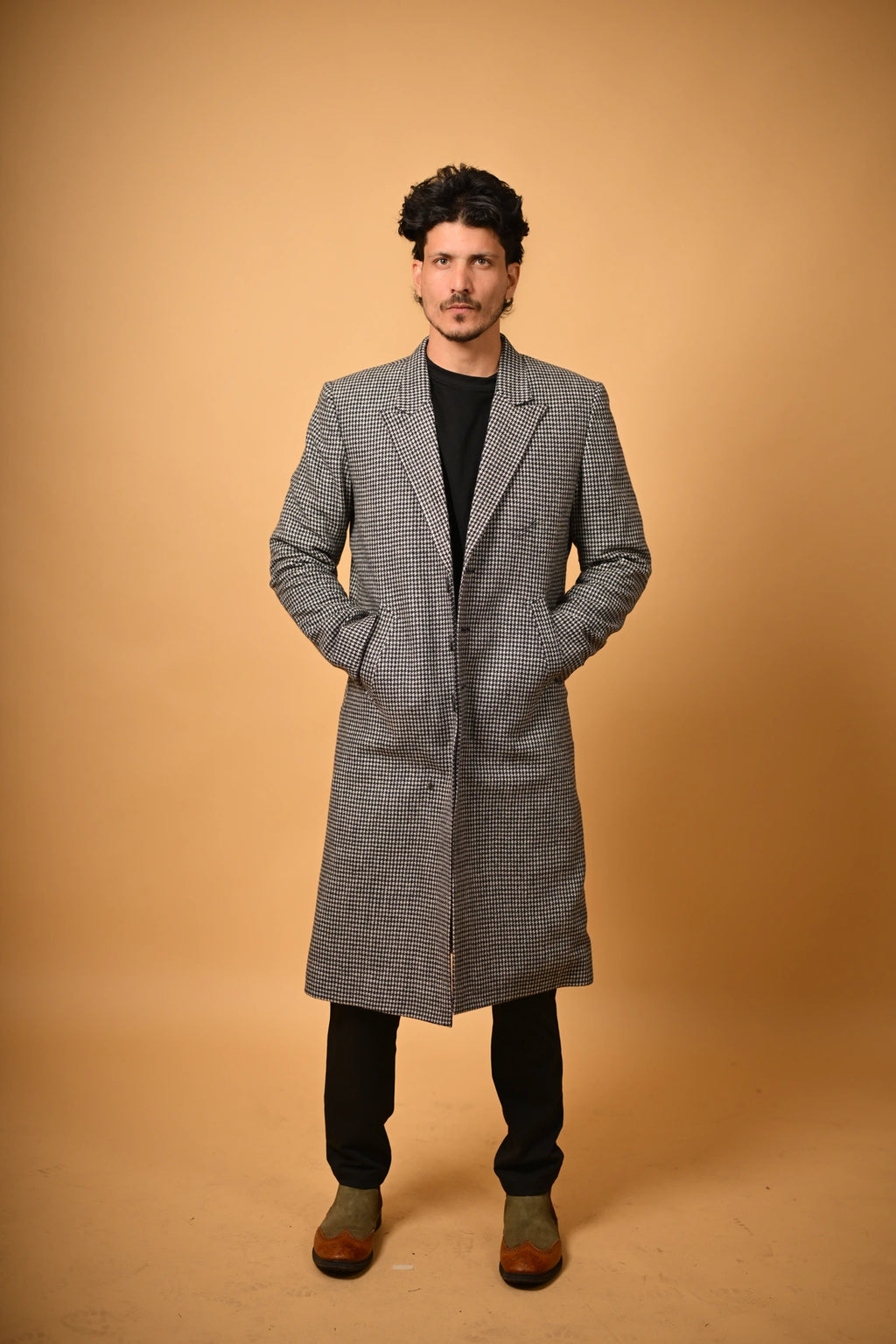 Grey With Black Mini Houndstooth Woollen Overcoat