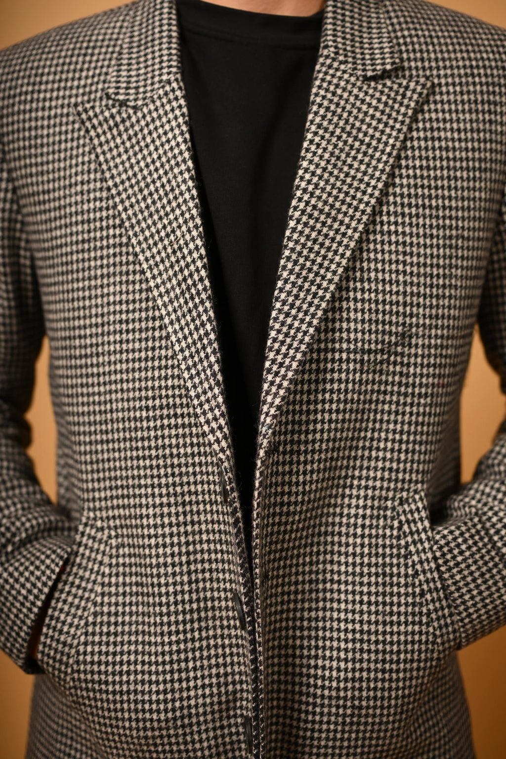 Grey With Black Mini Houndstooth Woollen Overcoat