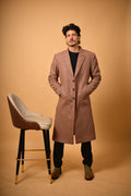 Soft Camel Brown Herringbone Woollen Overcoat