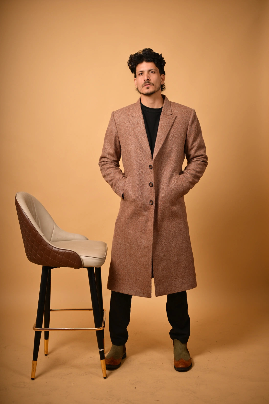 Soft Camel Brown Herringbone Woollen Overcoat