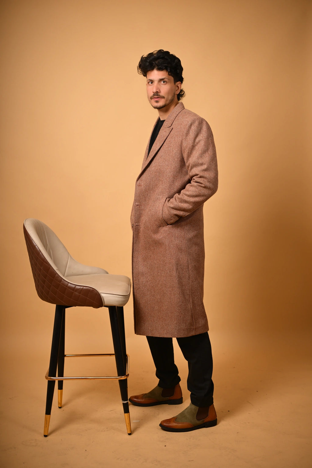 Soft Camel Brown Herringbone Woollen Overcoat