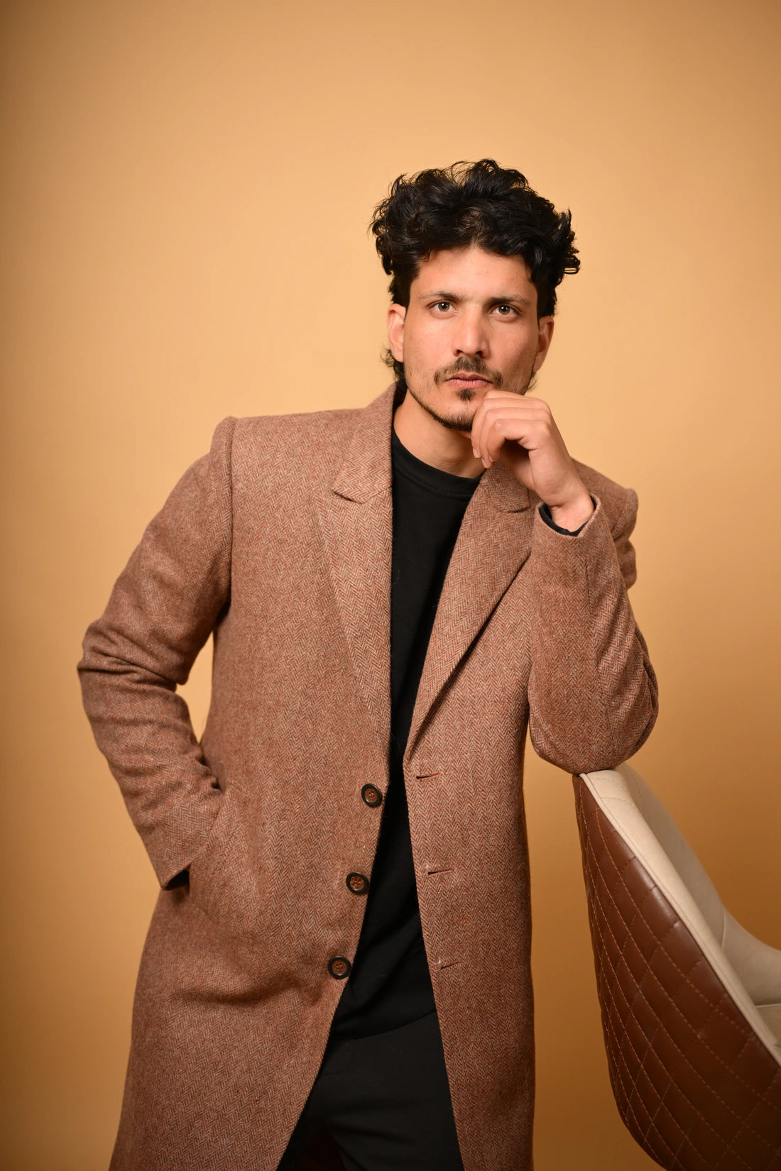 Soft Camel Brown Herringbone Woollen Overcoat