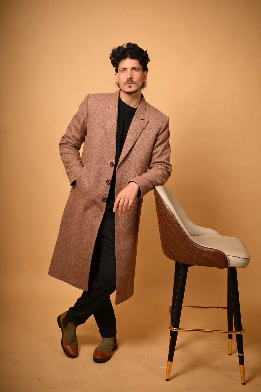 Soft Camel Brown Herringbone Woollen Overcoat