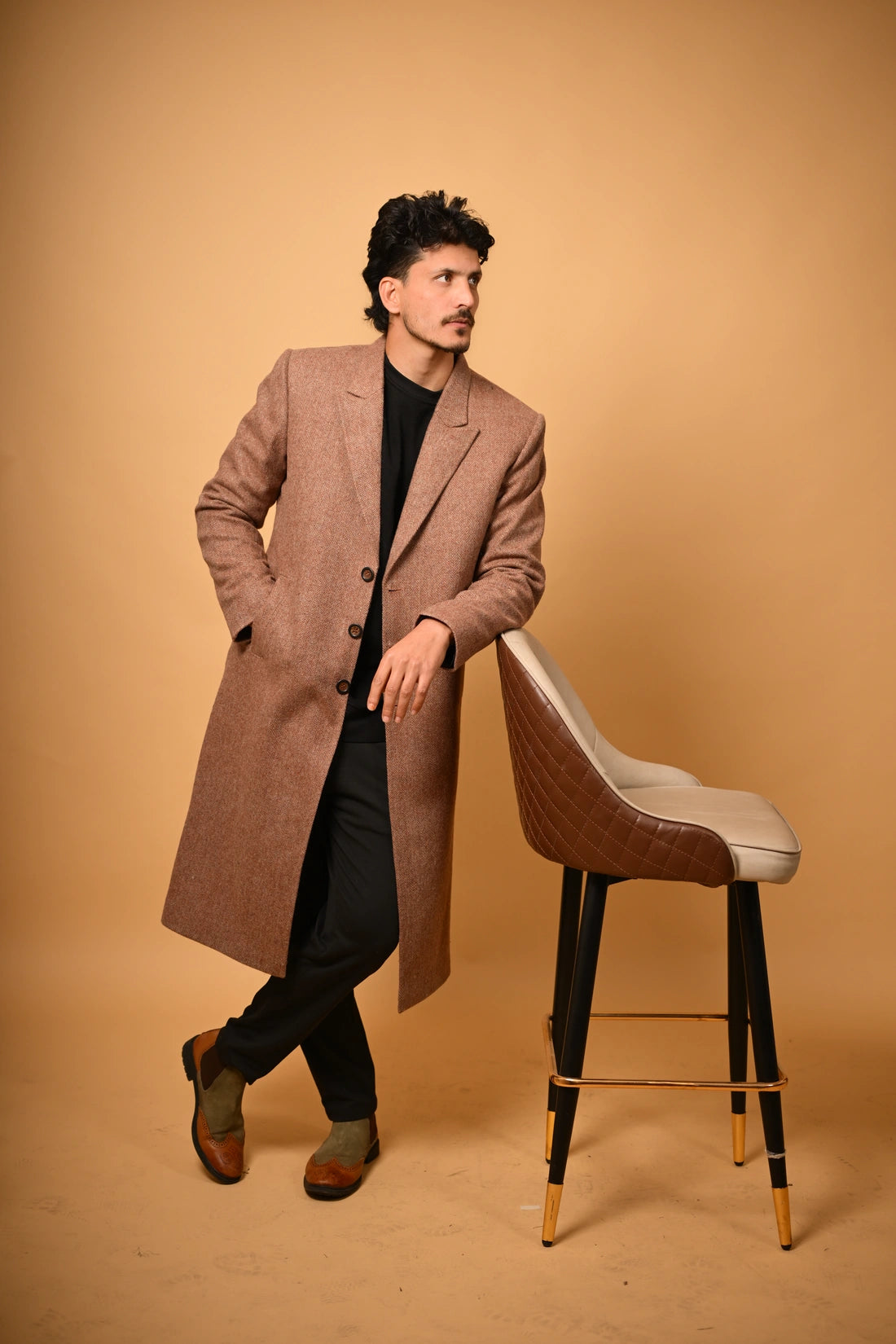 Soft Camel Brown Herringbone Woollen Overcoat