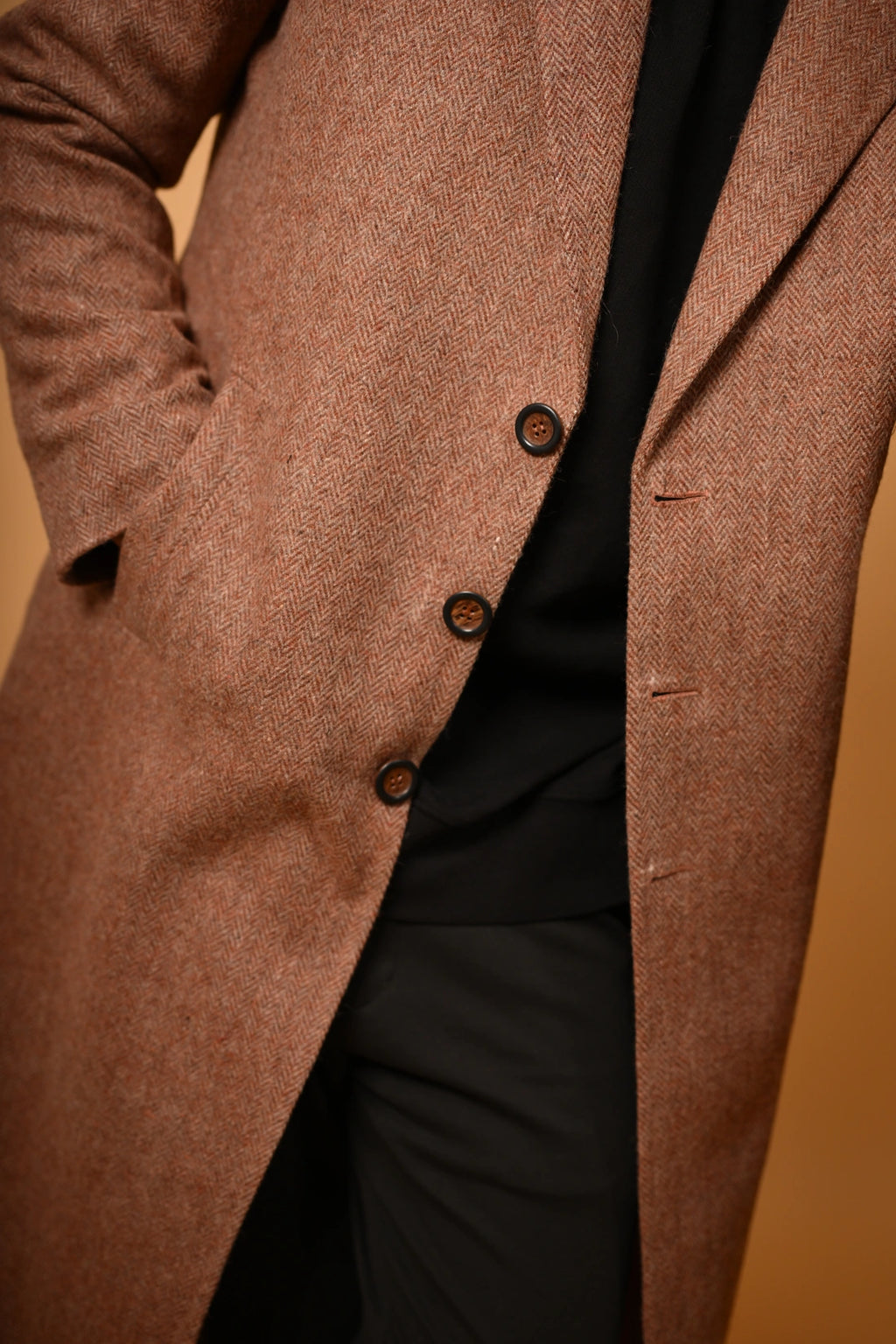 Soft Camel Brown Herringbone Woollen Overcoat