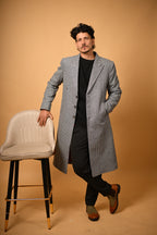 Sky Blue with Black Mini Check Woollen Overcoat for men 
