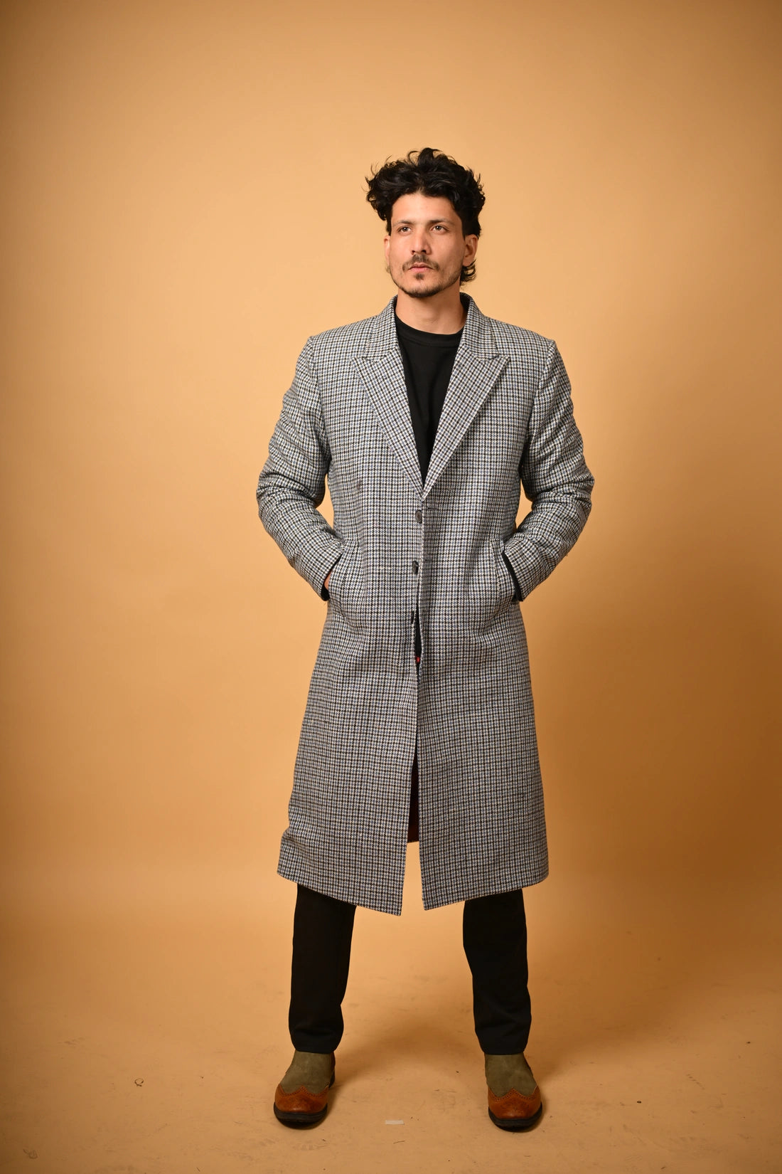 Sky Blue with Black Mini Check Woollen Overcoat for men
