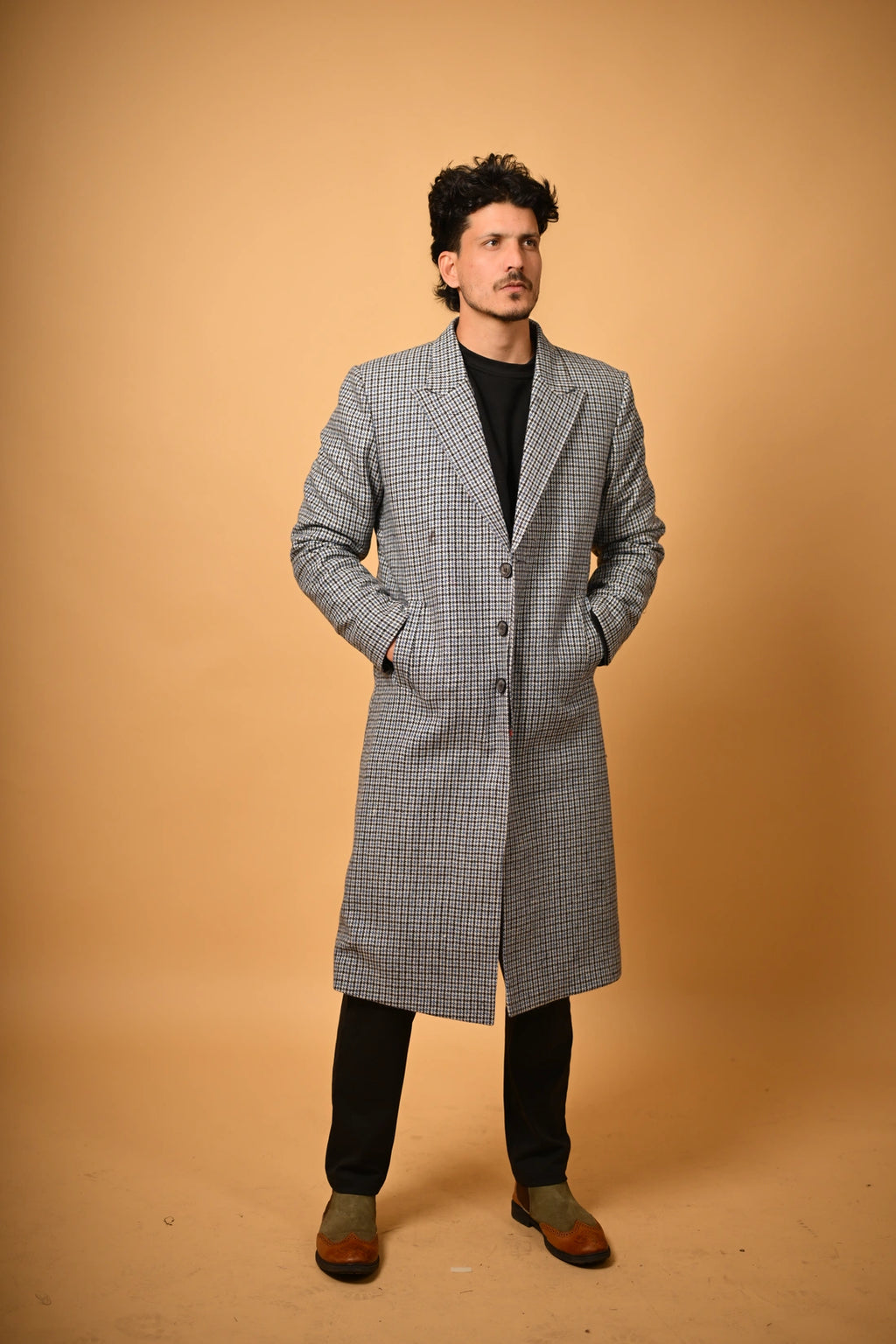 Sky Blue with Black Mini Check Woollen Overcoat for men 
