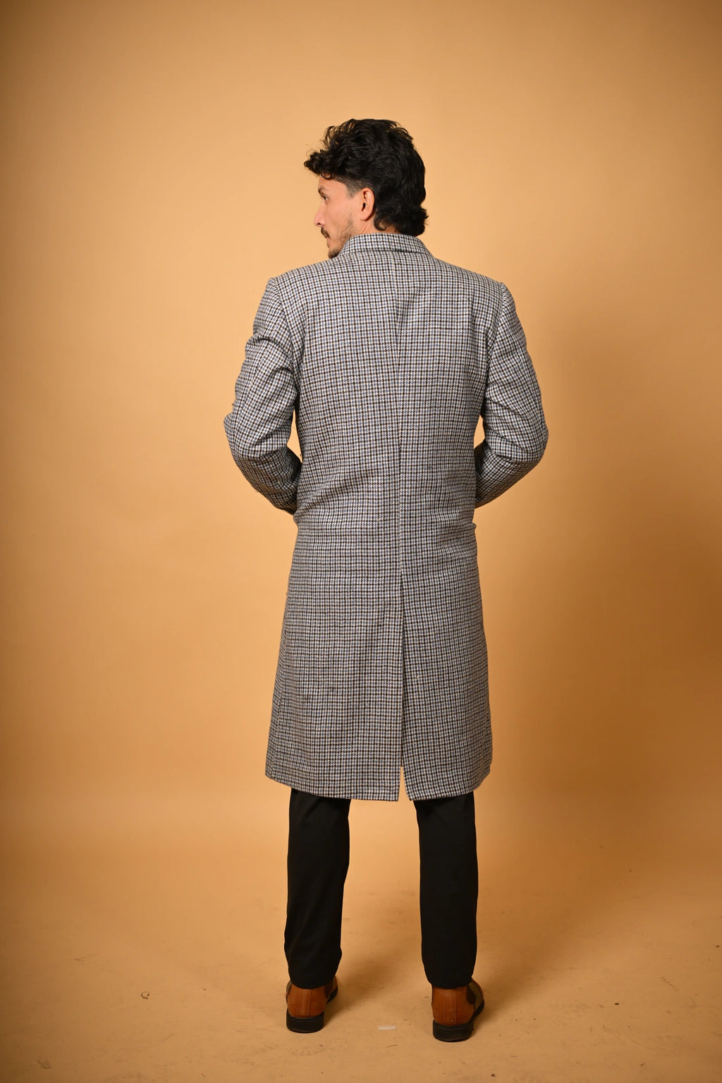 Sky Blue with Black Mini Check Woollen Overcoat for men 
