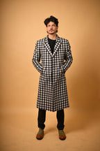 baraqah black and white check winter overcoat for men