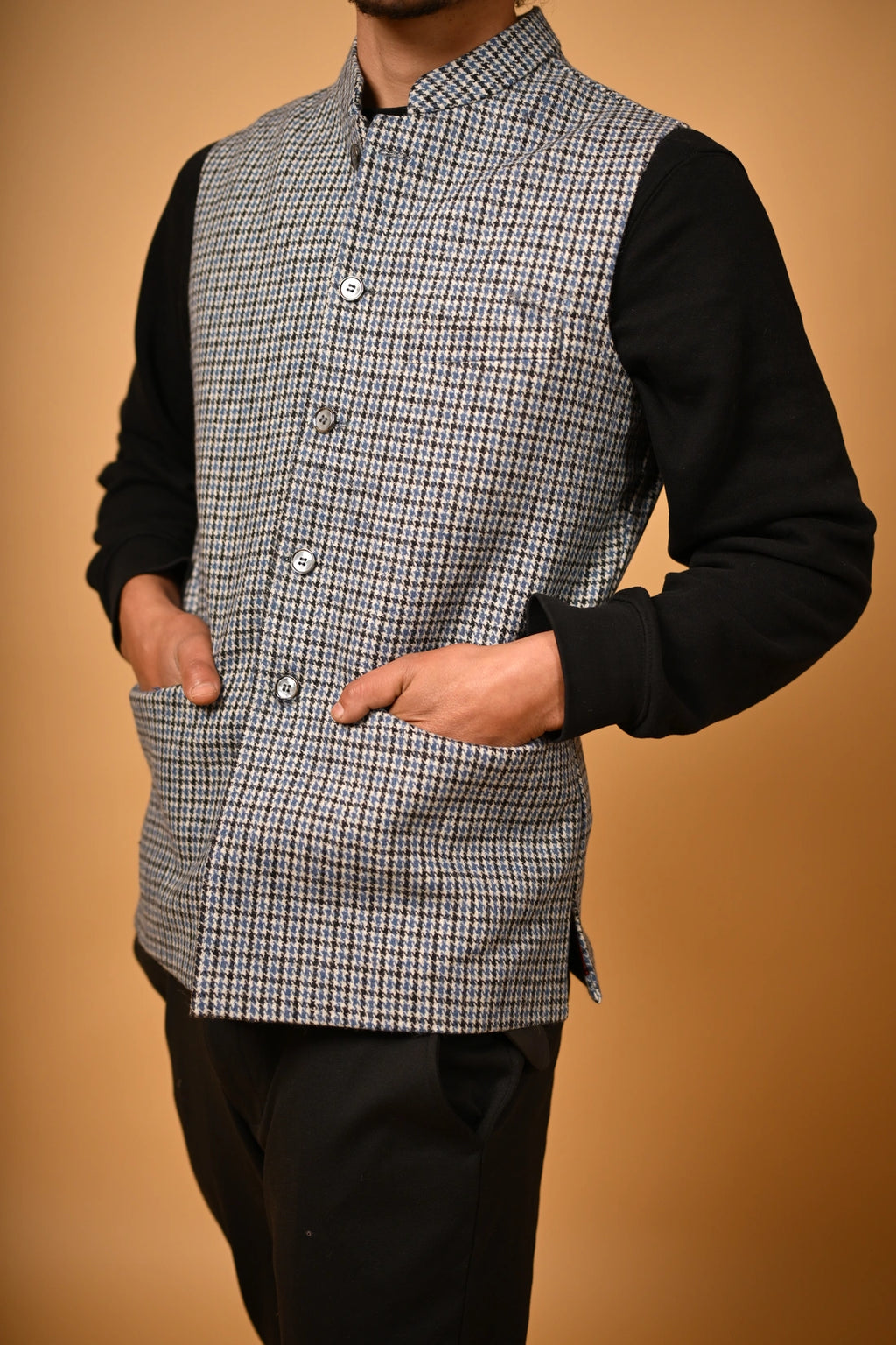 Sky Blue With Black Mini Check Woollen Waistcoat