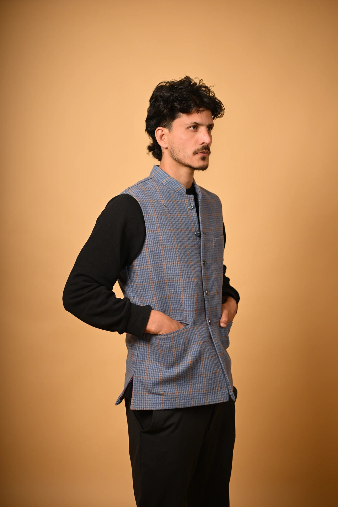 Dusty Blue with Tan Houndstooth Woollen Waistcoat