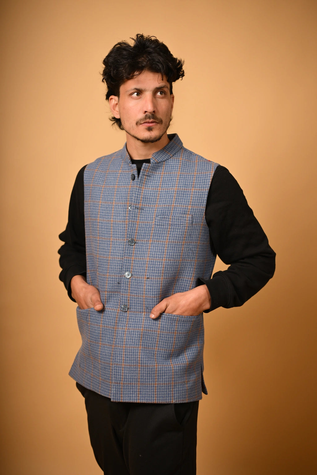 Dusty Blue with Tan Houndstooth Woollen Waistcoat