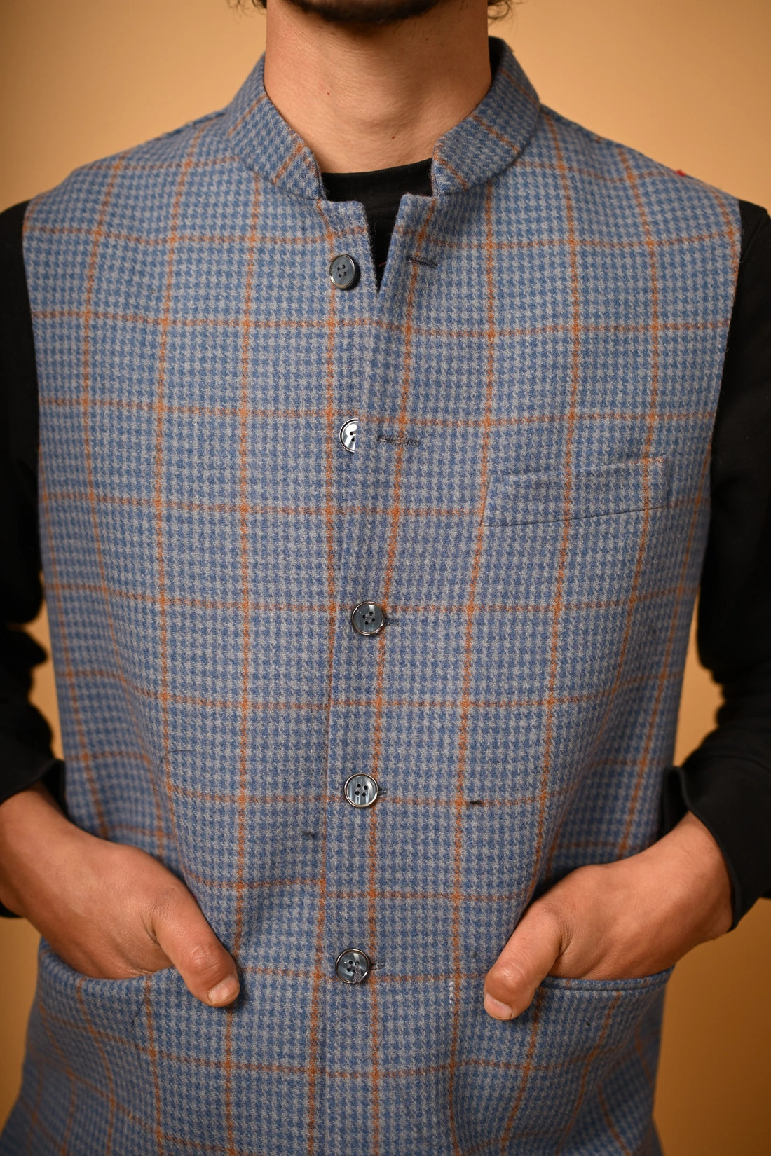 Dusty Blue with Tan Houndstooth Woollen Waistcoat