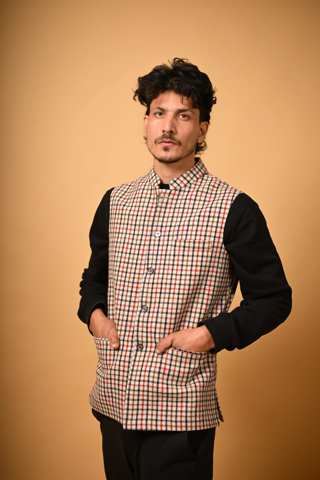 Cream Base with Red & Black Checks  Woollen Waistcoat