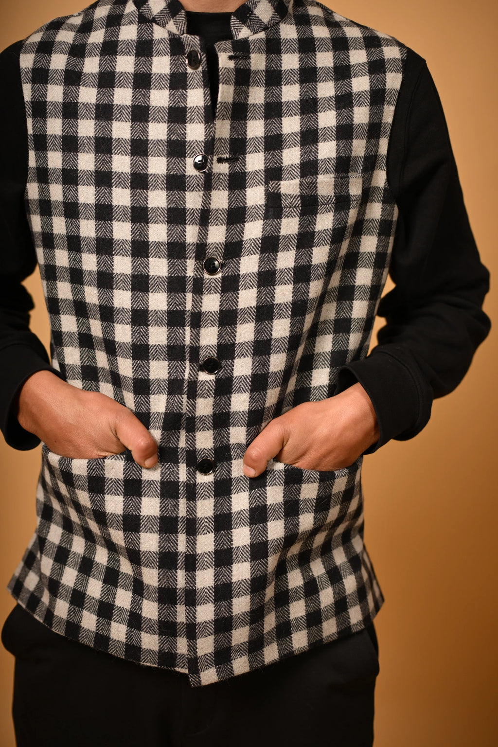 Black With White Bold Check Woollen Waistcoat
