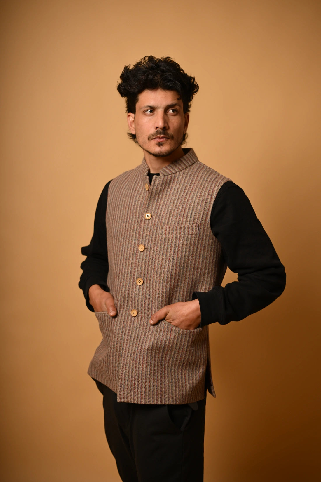 Warm Beige with Brown Pinstripes Woollen Waistcoat