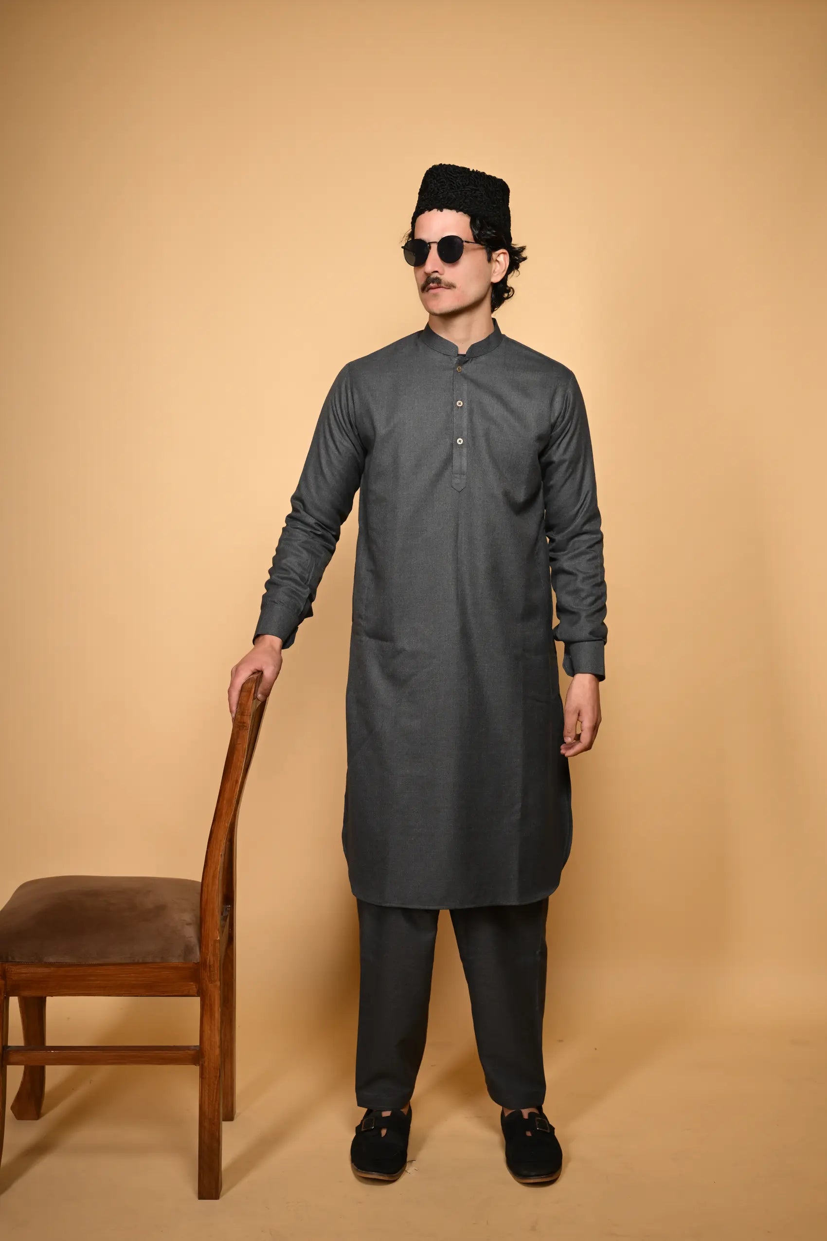 dark grey jackan winter kameez shalwaar for men