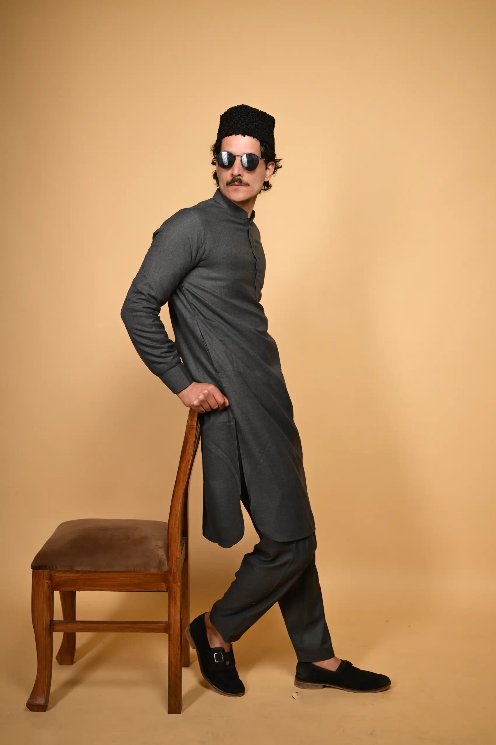 dark grey jackan winter kameez shalwaar for men