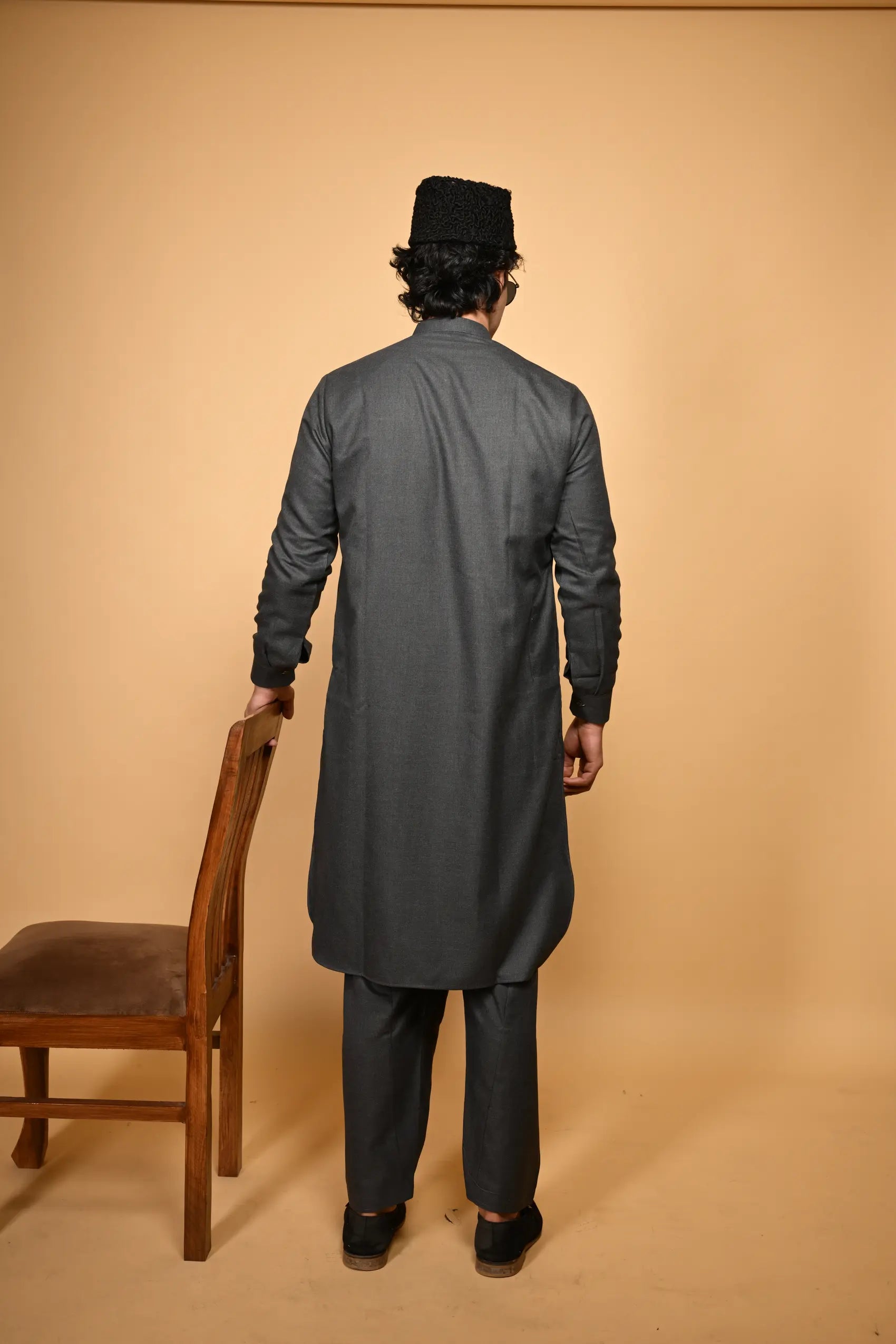dark grey jackan winter kameez shalwaar for men
