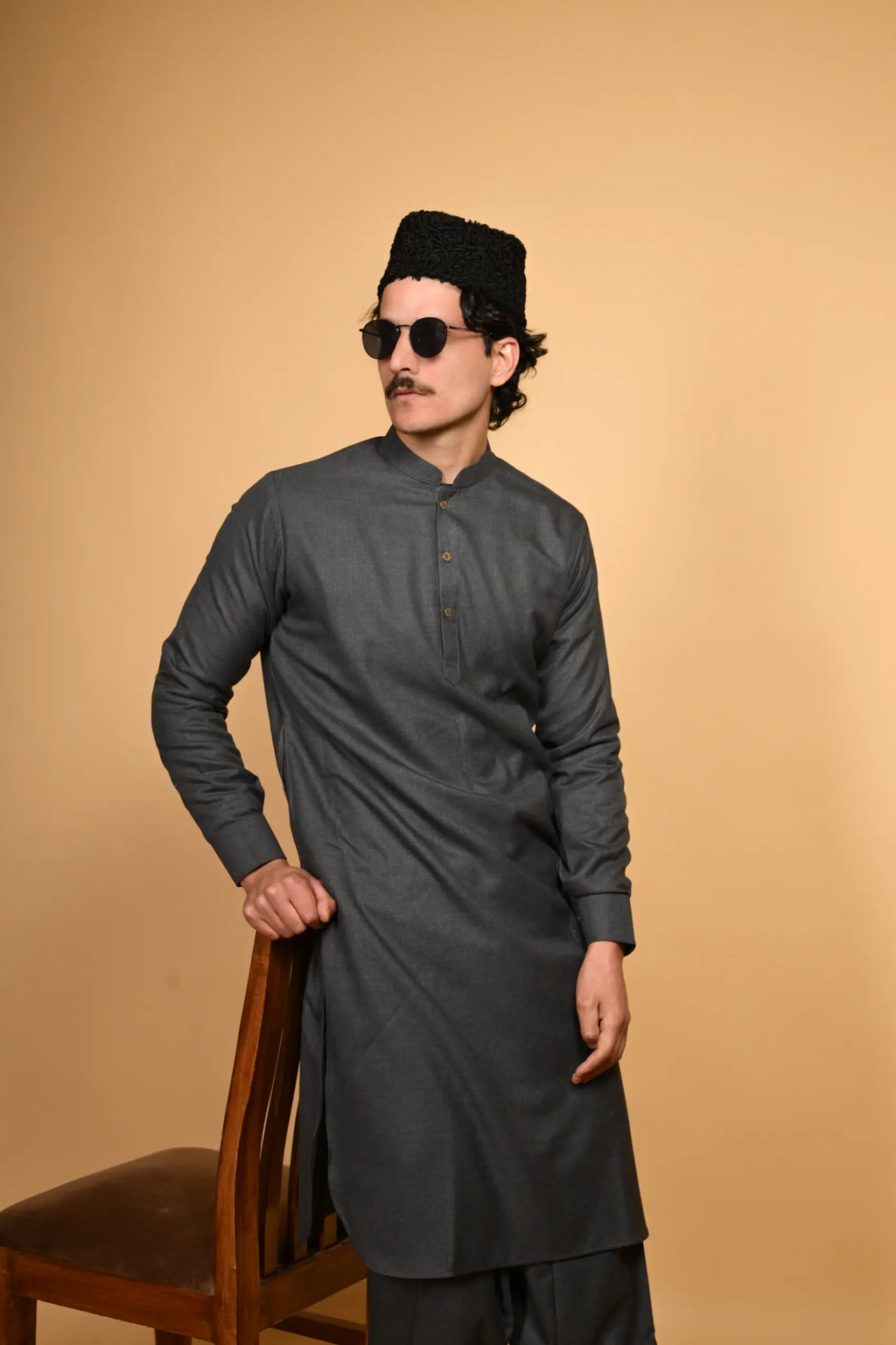 dark grey jackan winter kameez shalwaar for men