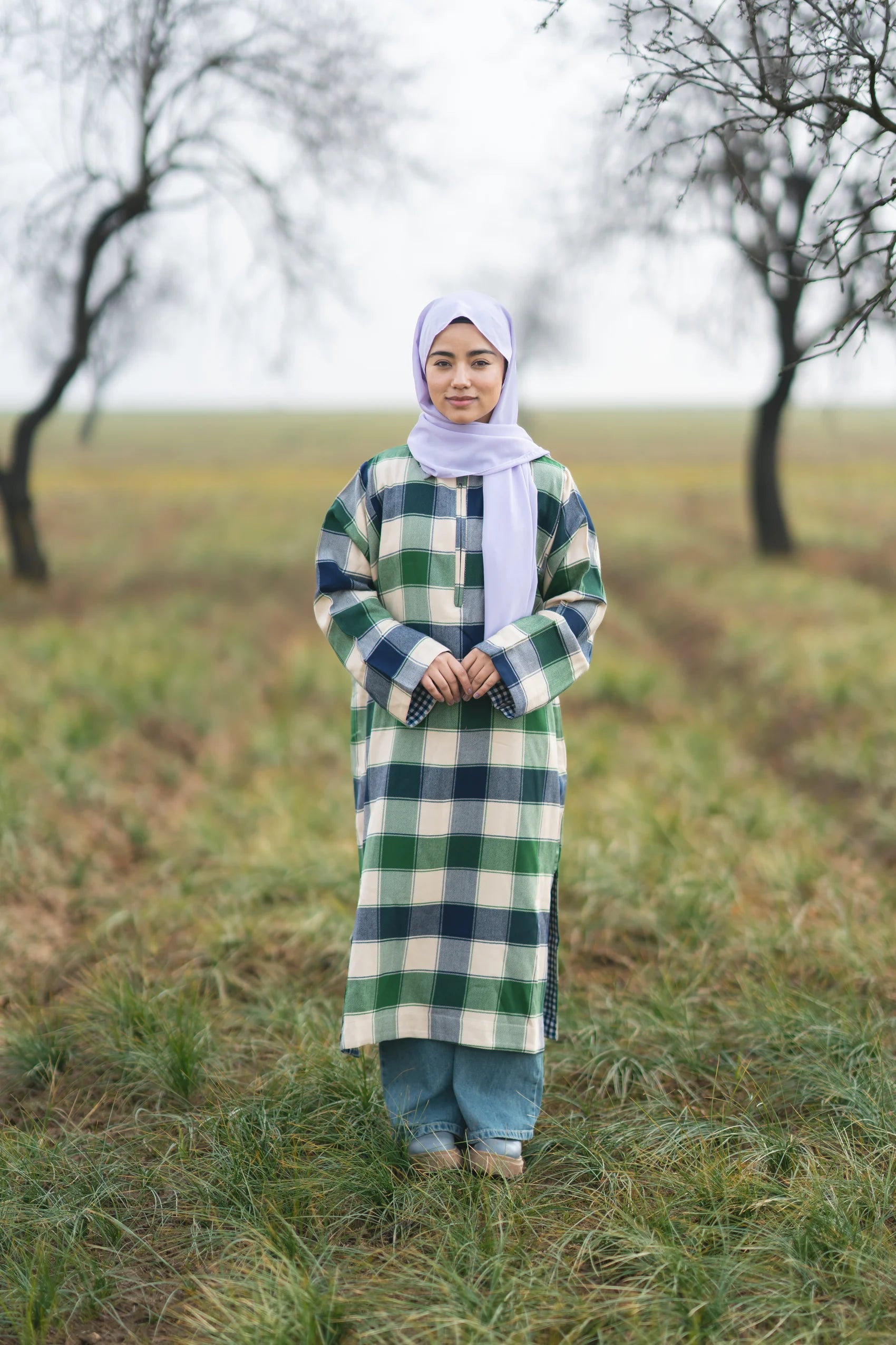 Soft Green Checked kashmiri Traditional female winter Pheran
