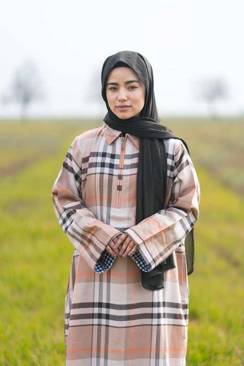 Light Almond Checked kashmiri Traditional female winter Pheran
