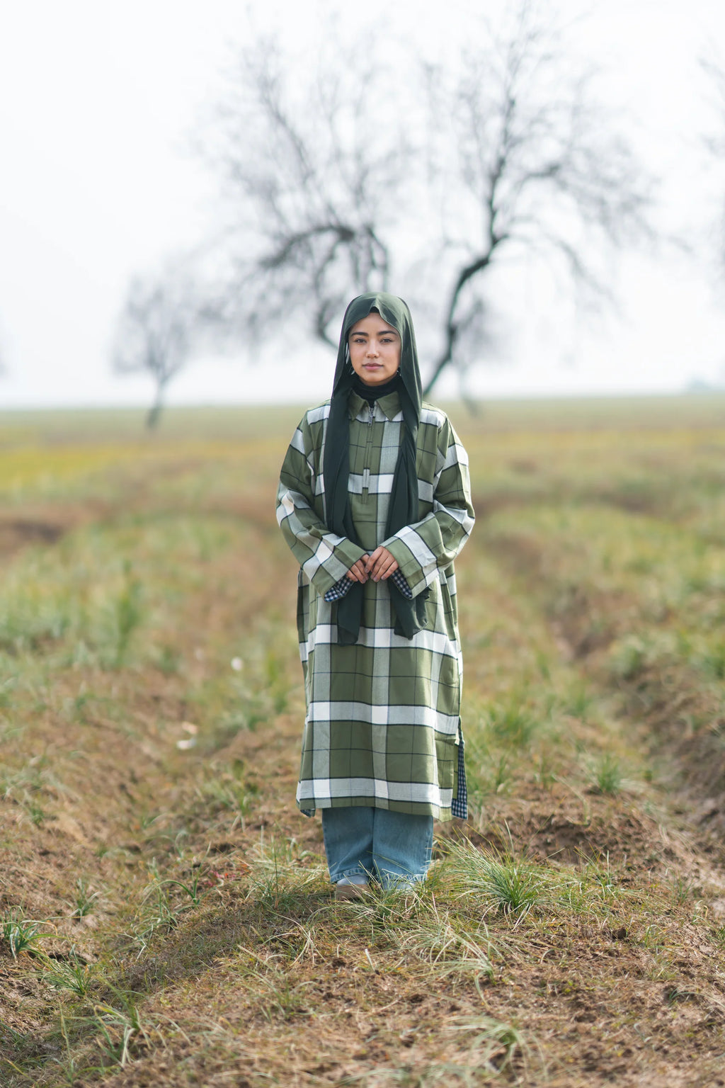 Moss Green Checked kashmiri Traditional female winter  Pheran
