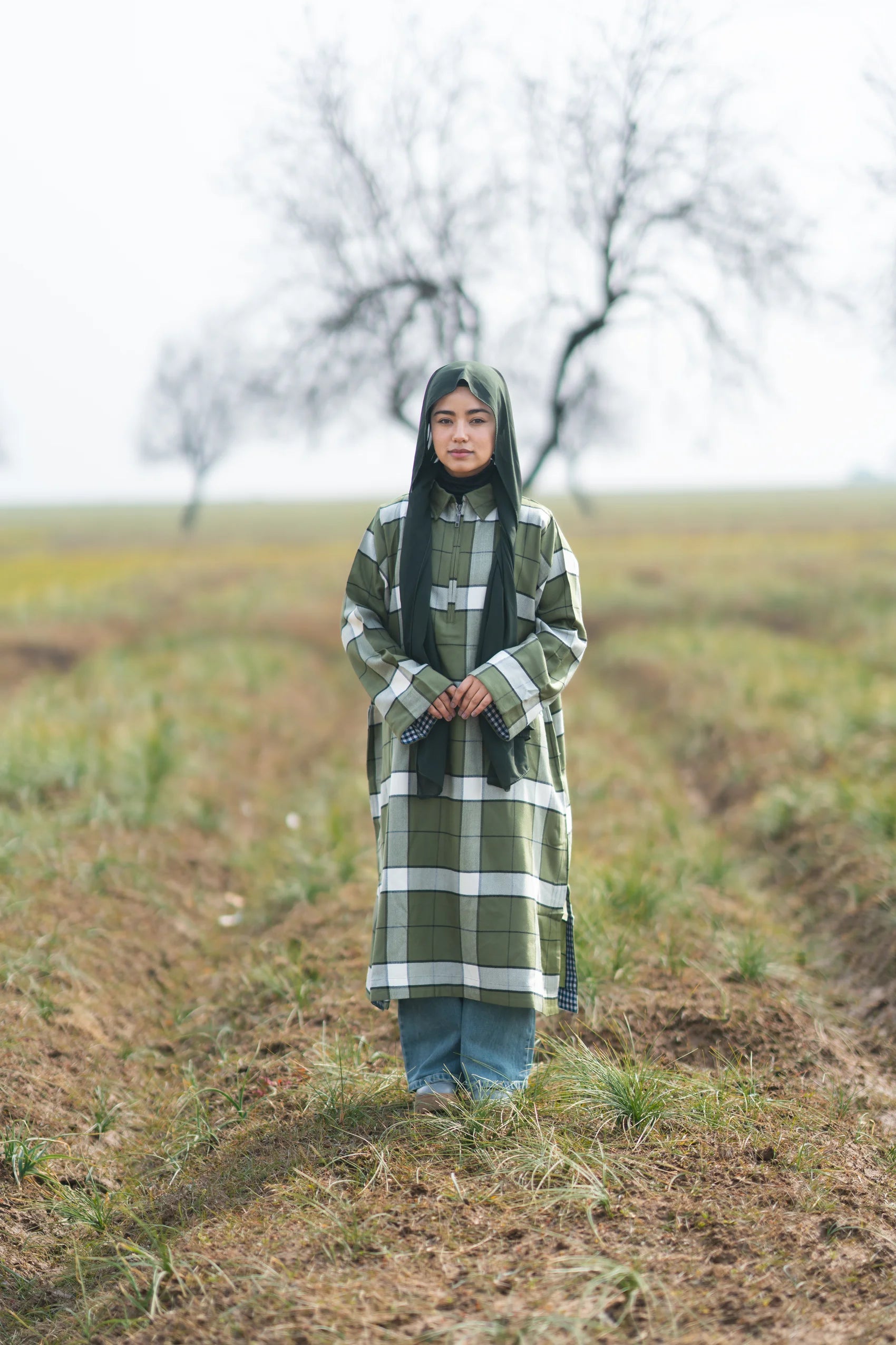Moss Green Checked kashmiri Traditional female winter  Pheran

