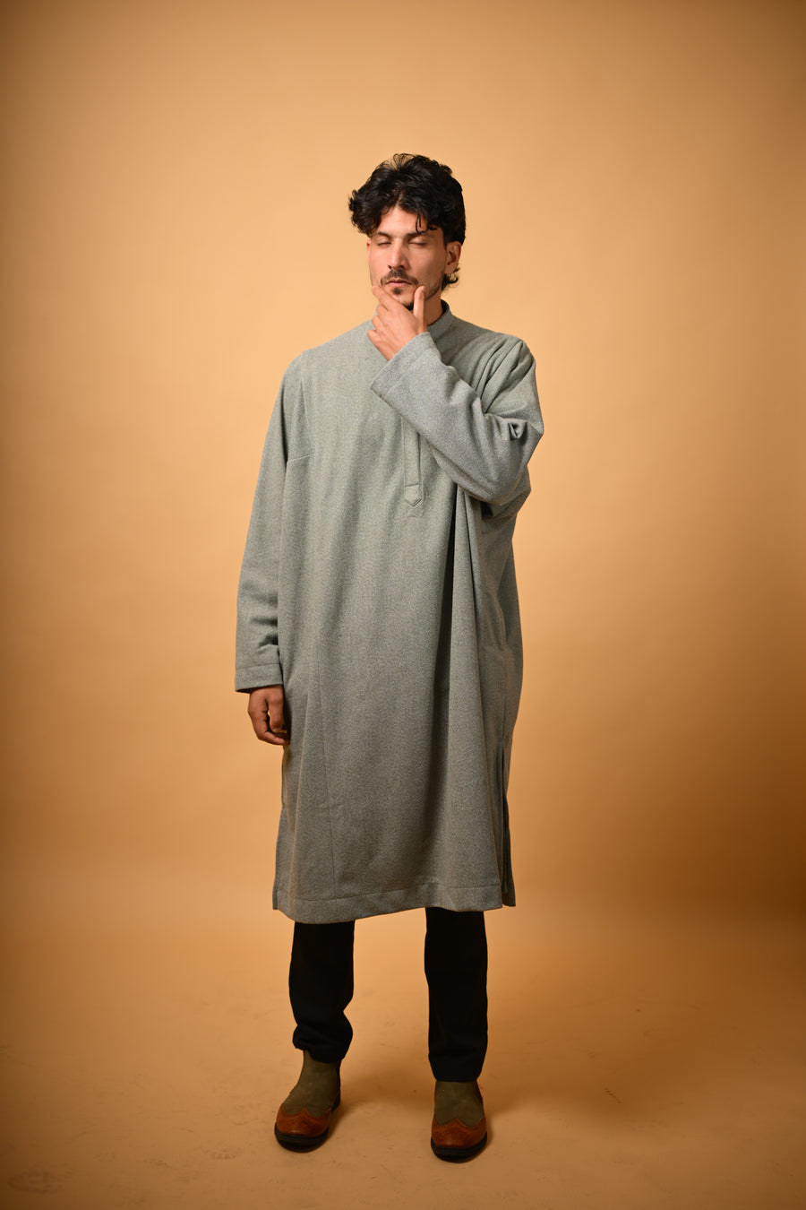 Light Green Dotted winter Pheran for men 
